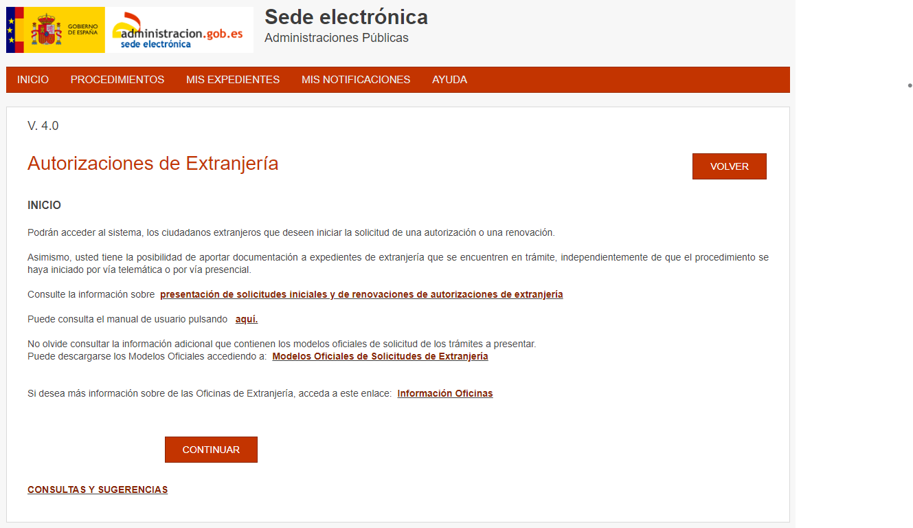 Captura de la página de la sede electrónica de Administraciones Públicas con el trámite Autorizaciones de Extranjería de la Plataforma Mercurio.